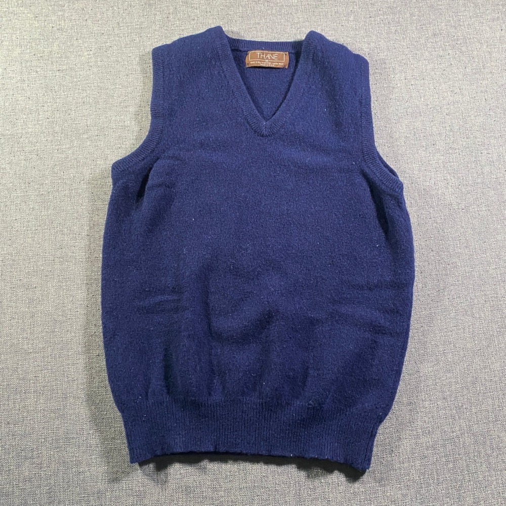 THANE V Neck Sleeveless Knit Sweater Vest Navy Blue Womens M Lambs Wool Made USA